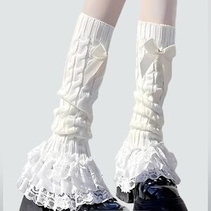 Cream Colored Lace Bow Frilly Leg Warmers Boot Cuffs Ruffle Socks Lolita Kawaii